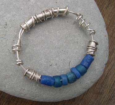 handmade silver and blue beaded bangle