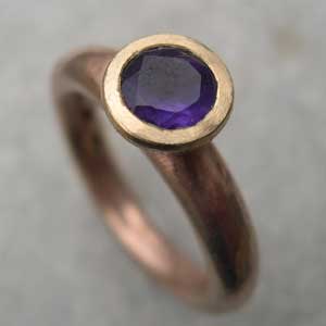 Red gold engagement ring with Amethyst set in yellow gold